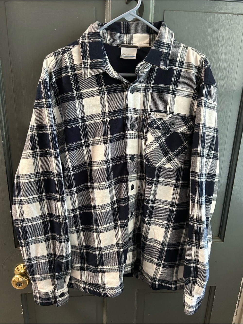 Columbia Hill View Shirt Jacket Mens Medium Navy White Plaid Fleece Lined Shacke